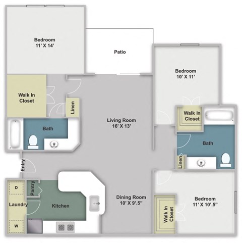 Three bed, two bath two dimensional floor plan.